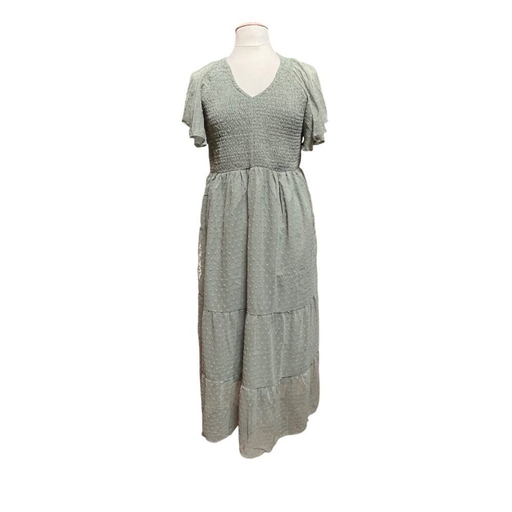 Dress Smock Top Tiered Layered Green Dot Flutter Short‎ Sleeve Fairy Size XLarge